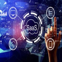 SaaS - software as a service concept with hand pressing a button on a technology screen