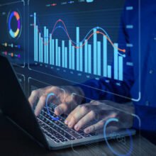 Data analyst working on business analytics dashboard with charts, metrics and KPI to analyze performance and create insight reports for operations management.