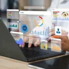 An analyst uses a computer and dashboard for data business analysis and Data Management System with KPI and metrics connected to the database for technology finance, operations, sales, marketing